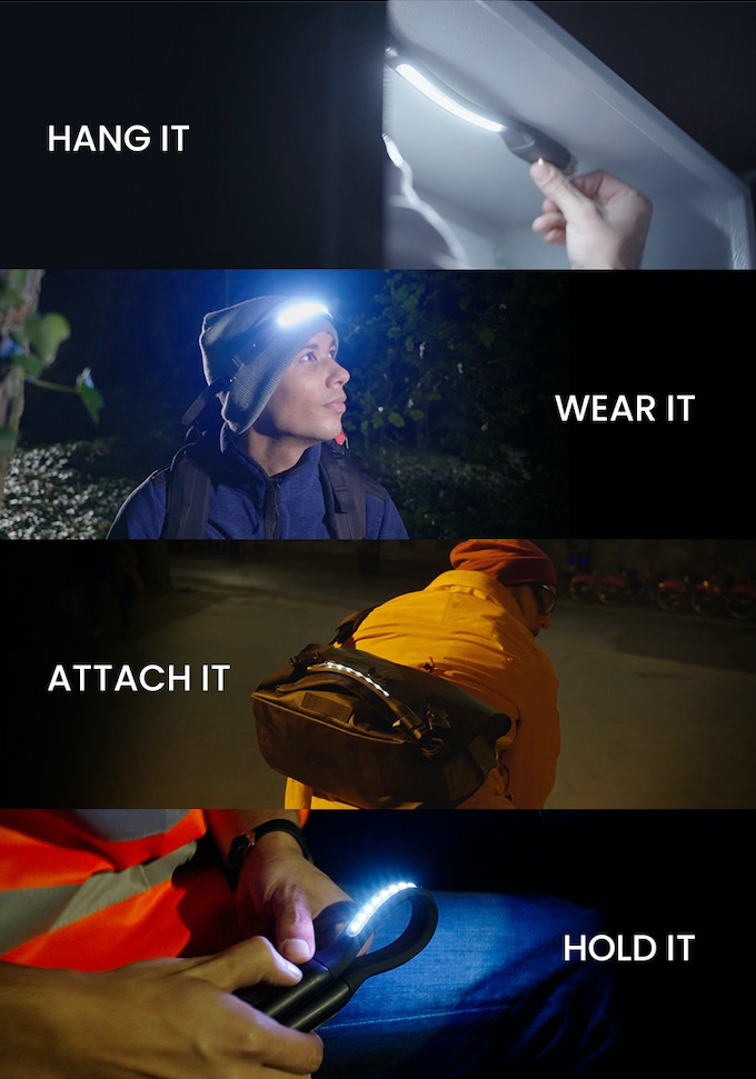 JordiLight used in various ways: hanging magnetically in a metal breaker box, worn on the head, attached to a backpack, and held in hand. Each lifestyle image illustrates the product's versatility.
