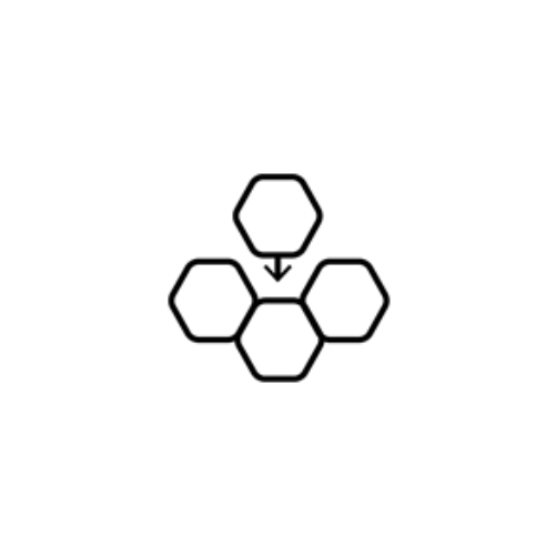 Icon depicting three connected hexagons with an additional one joining via an arrow, illustrating JordiLight's ability to connect multiple units mechanically in a chain for extended illumination.