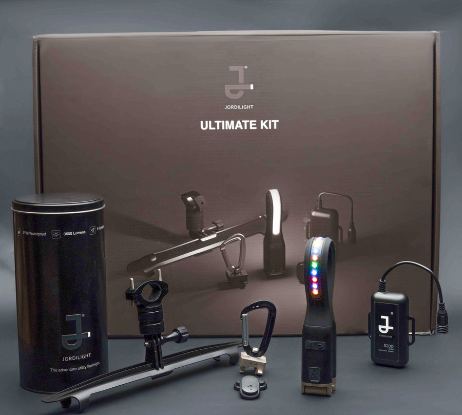 The Jordilight Ultimate Kit contents including lights and accessories.
